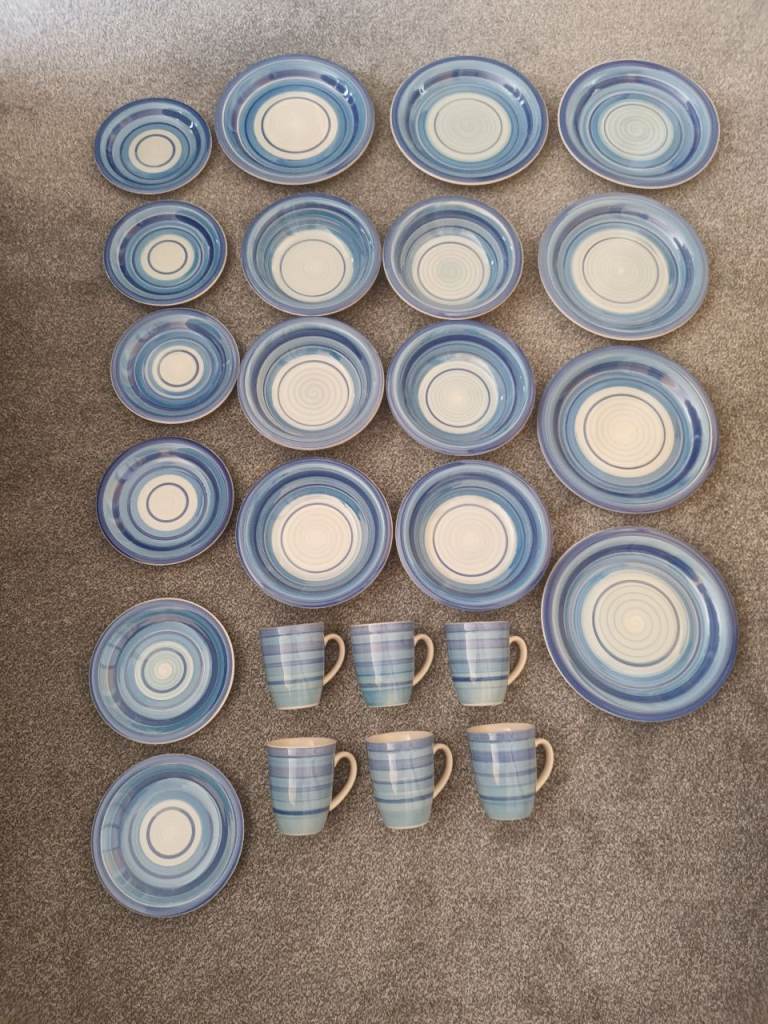 Blue and white crockery,  ideal for new starters at University. 
