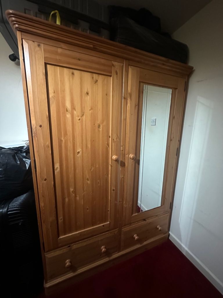 Solid Pine Double Wardrobe with Mirror & Drawers