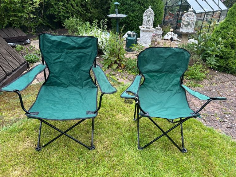 2 Green Folding Camping Chairs  85cm x 90cm Good condition  J242