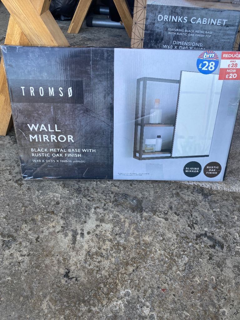 Tromso Wall Mirror with Black Metal and Rustic Oak Finish – New