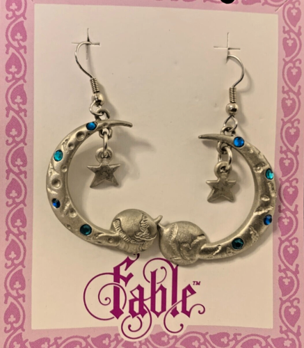 Silver & Pewter diamond cut moon & star earrings with blue stones