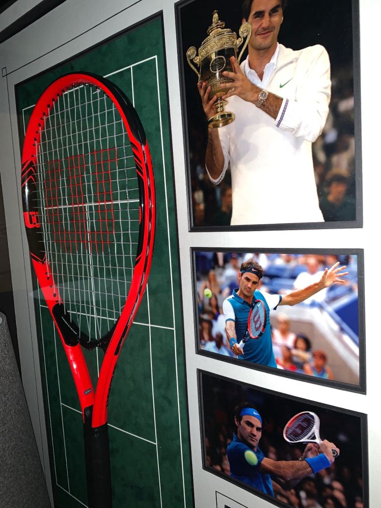 Framed Roger Federer commemorative  racquet from Wimbledon 2017
