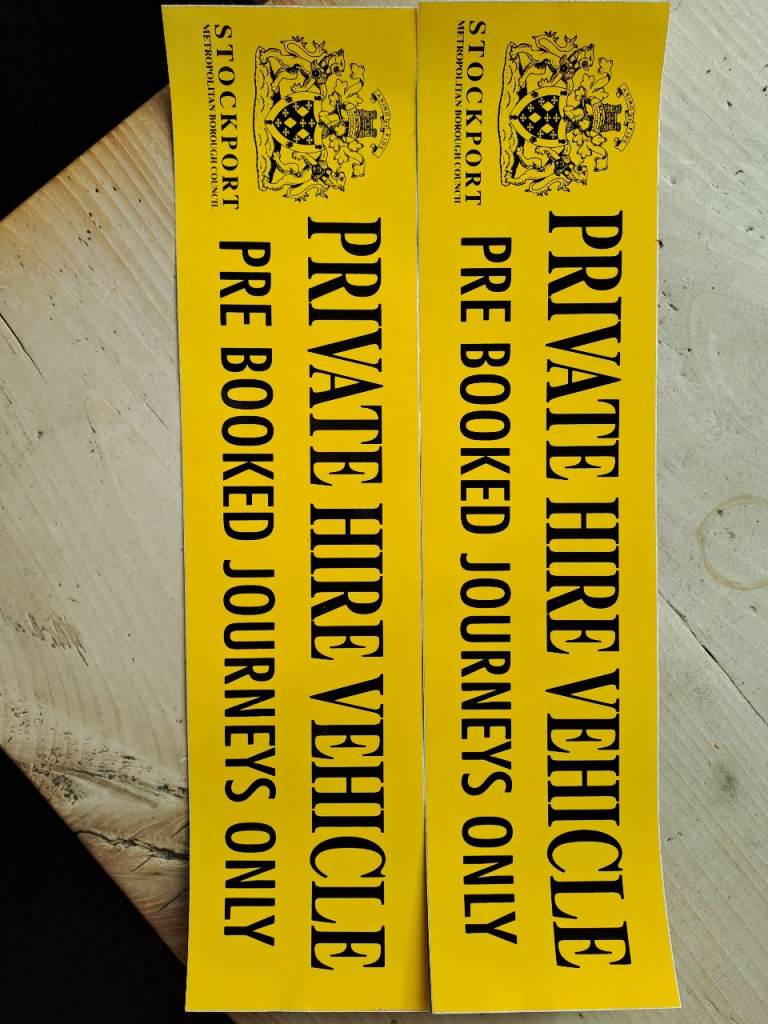 Stockport Council Private Hire Stickers 