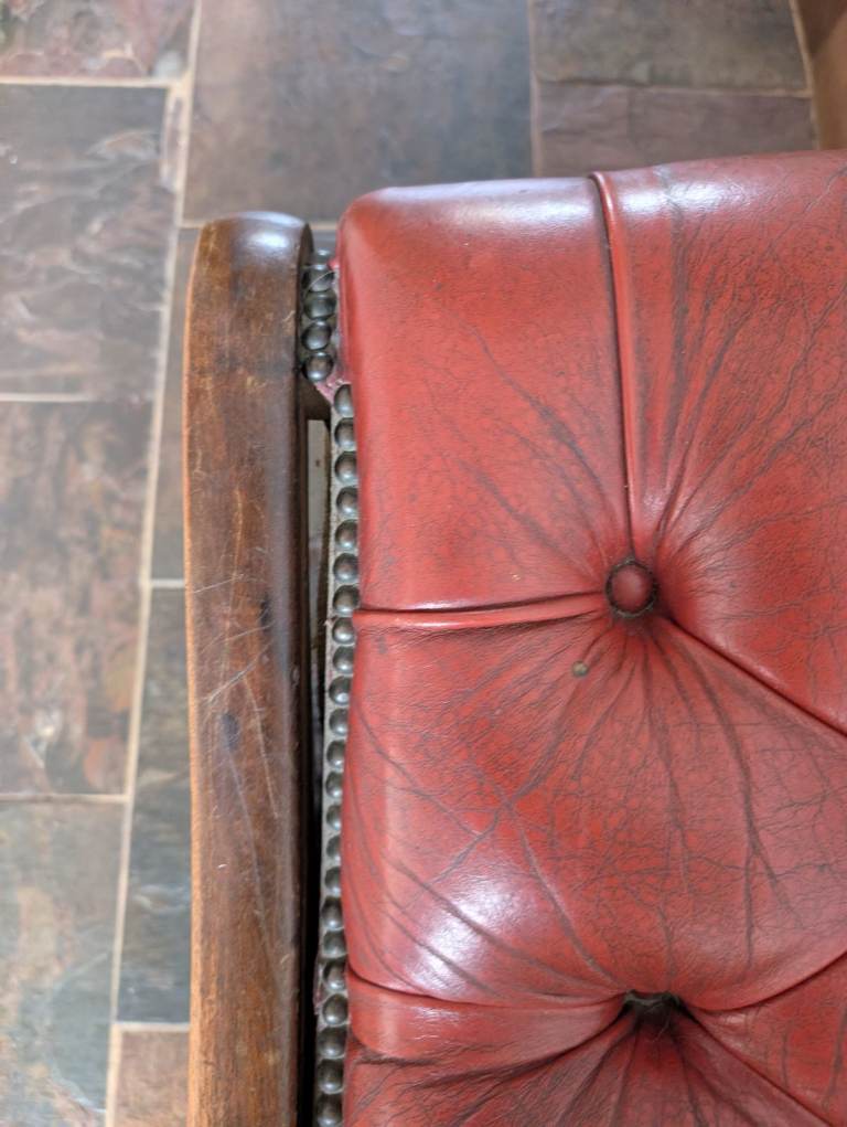 Vintage Chesterfield saddle footstool oxblood red leather 