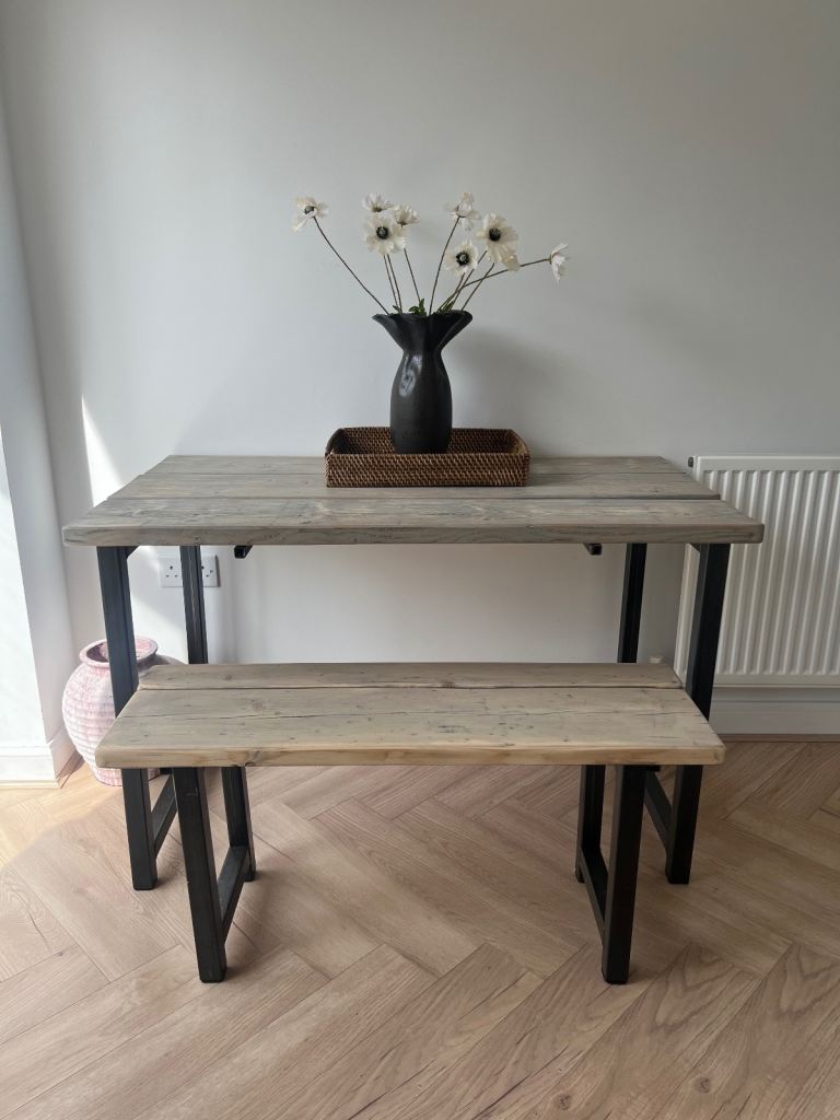 Grey Trestle Dining Table Wooden Kitchen and Solid Wood Bench
