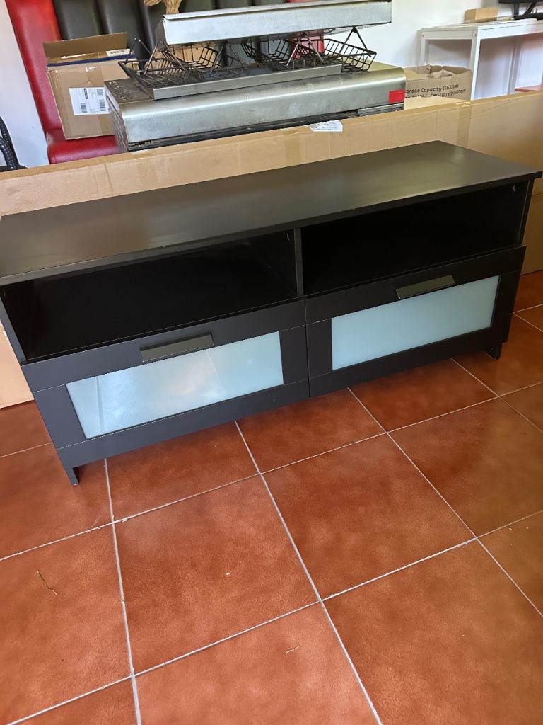 Dark Brown TV Unit with Glass Front Drawers – Good Condition