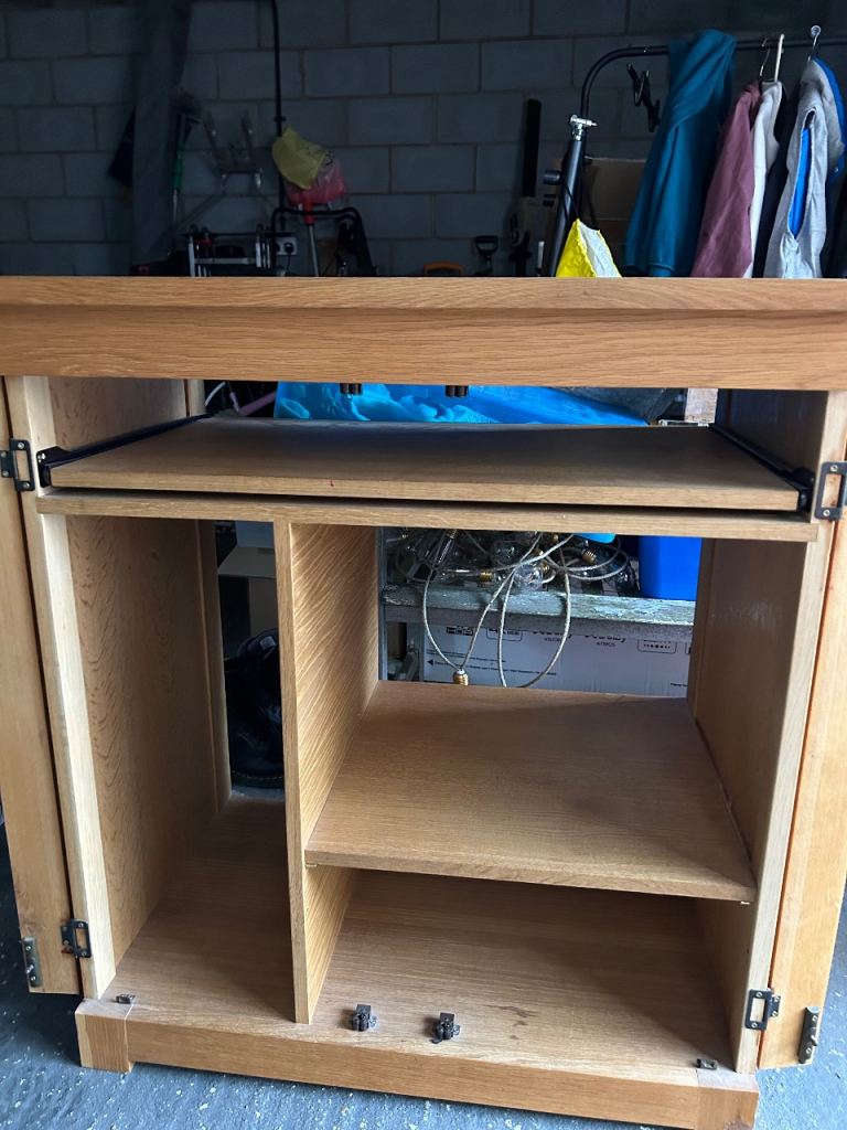 Solid oak computer cupboard and desk 