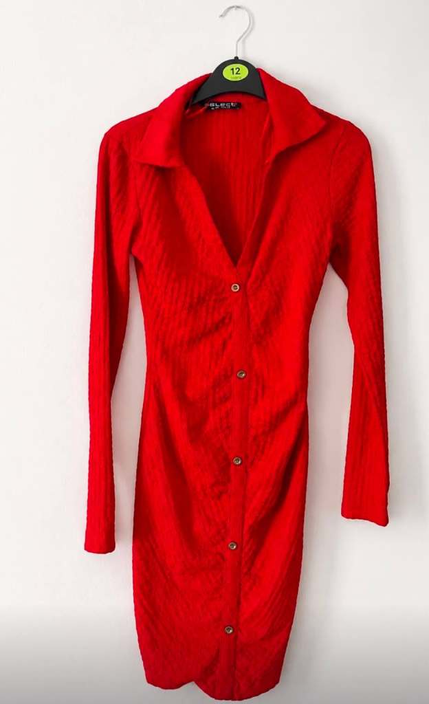 Select Red Ribbed Button-Up Dress – Good Condition