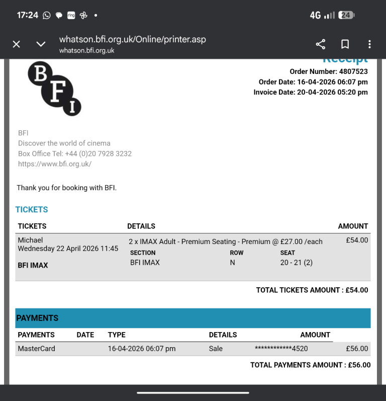 IMAX Southbank, London. 22/4/26 11:45am Cinema tickets x 2 Michael 
