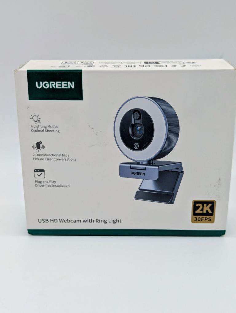 UGREEN 2K USB HD Webcam with Ring Light – 30FPS Built-in Mic