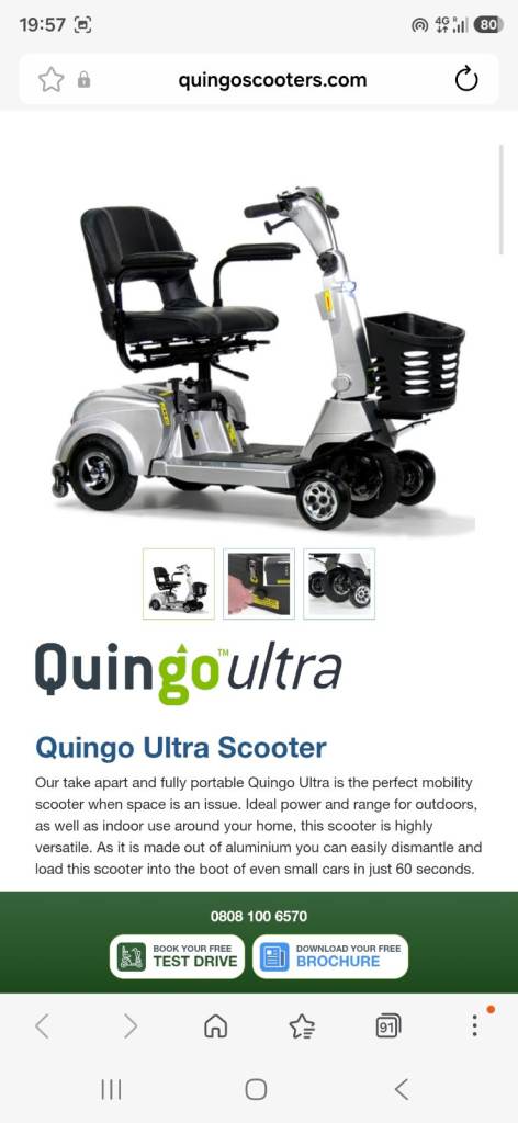 Quingo Ultra Mobility Scooter – Silver, As New 2 months old