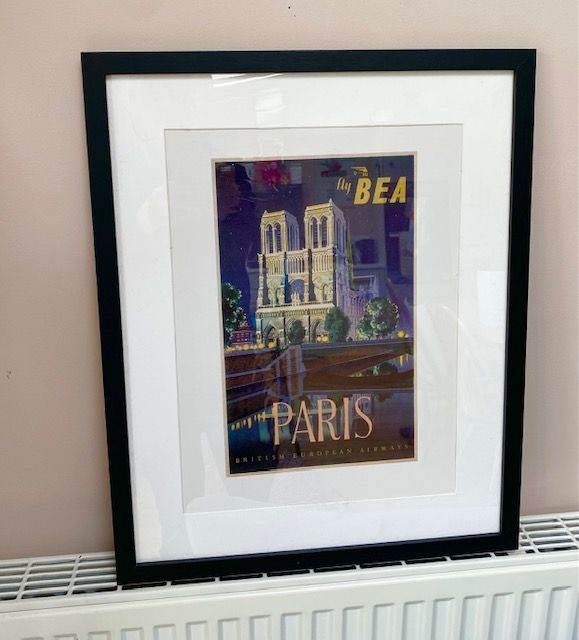 VINTAGE FRENCH TRAVEL POSTER, BEA PARIS NOTRE DAME, 1953, FRAMED