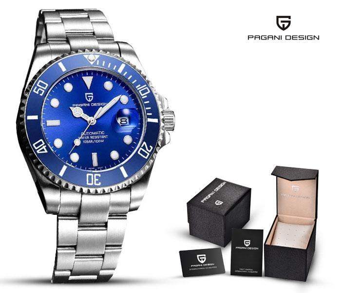 New PAGANI DESIGN Blue Face Magnified Date Seiko Automatic Movement Stainless Steel Bracelet Watch