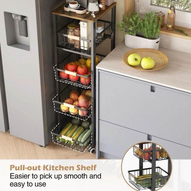 5 tier kitchen storage trolley,fruit basket stand on wheel 40cm*30cm*107cm