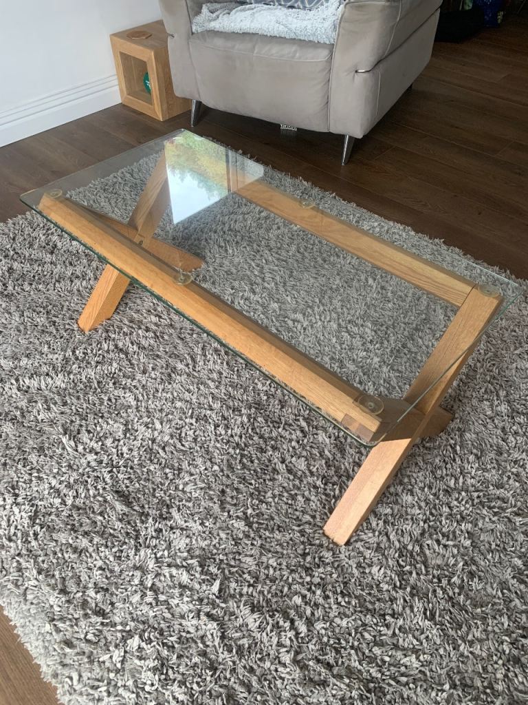 M & S Glass Top Coffee Table with Wooden Base – Good Condition