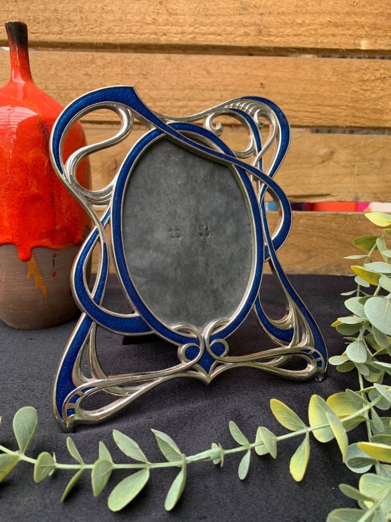 SOLD Antique Art Nouveau style Chromed & Blue Enamel Scrolling Table Picture Photo Frame