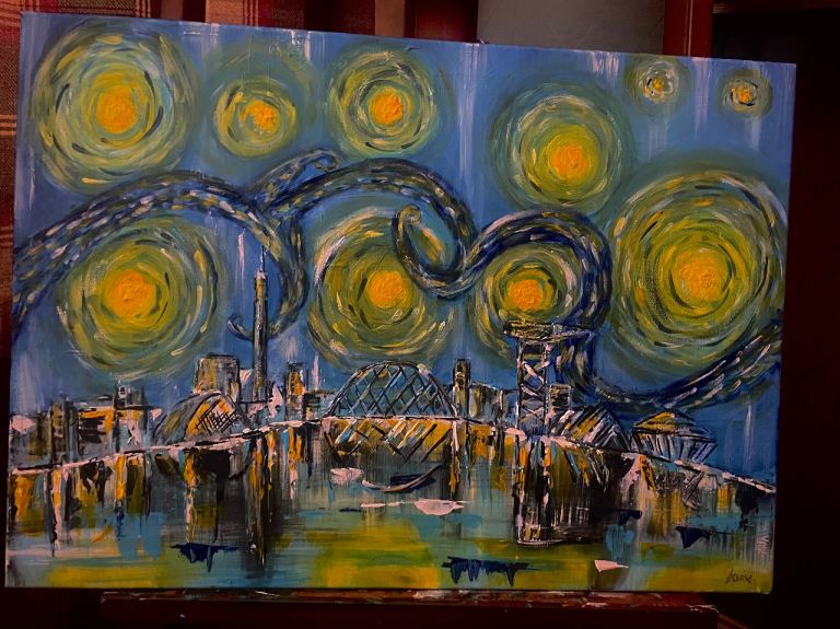 Original Acrylic Painting - Glasgow Starry Night, Signed by Artist