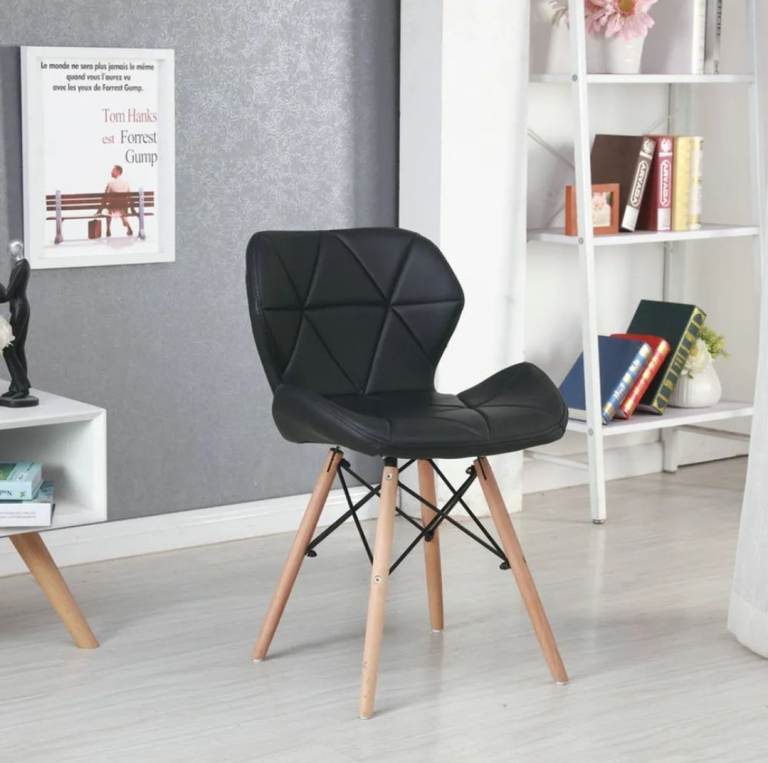 Eiffel Dining Chairs Wooden Legs Faux Leather Padded Seat Home Office Chair (Black)