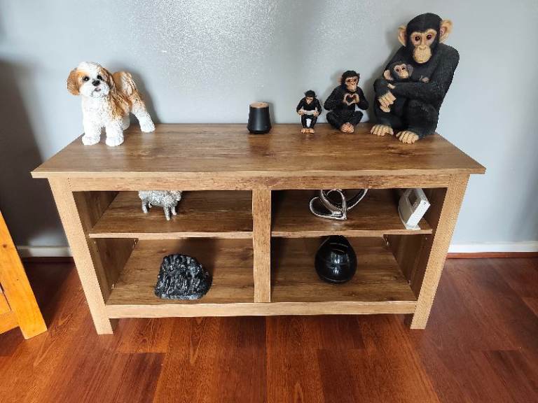Solid Wood Storage Table with Shelves – Good Condition