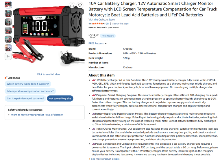 Brand New Sealed 10A 12V Smart Car Battery Charger - 50% Off!