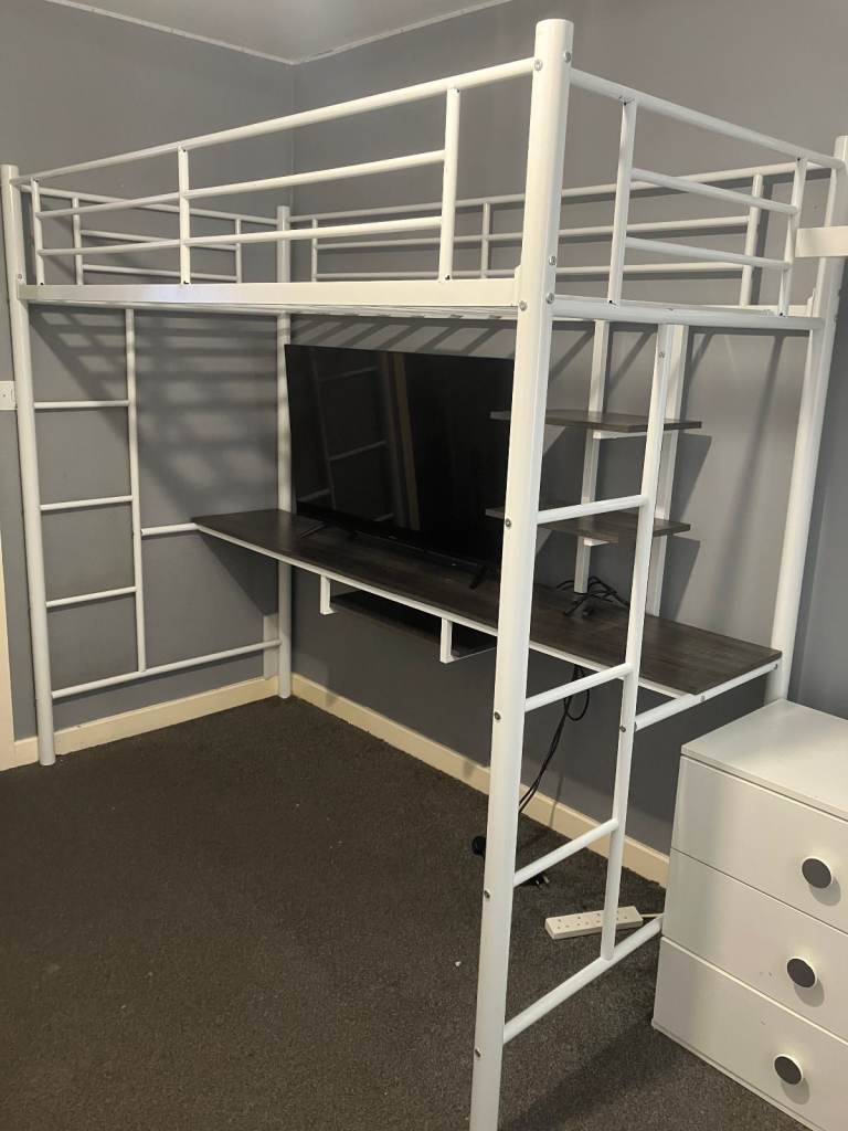 White Loft Single Bed, Bunk bed with Shelves