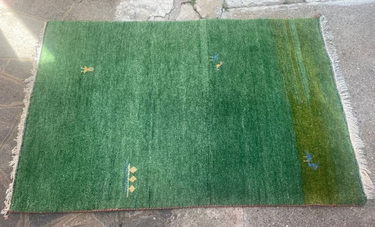 Green rug with fringed edges 