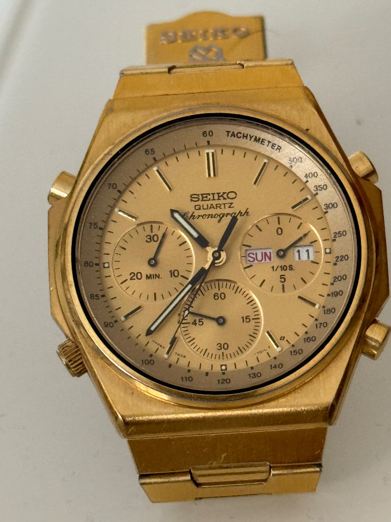 Rare Vintage Seiko Speedmaster chronograph Tachymeter Gold Quartz Watch 7A38-7000