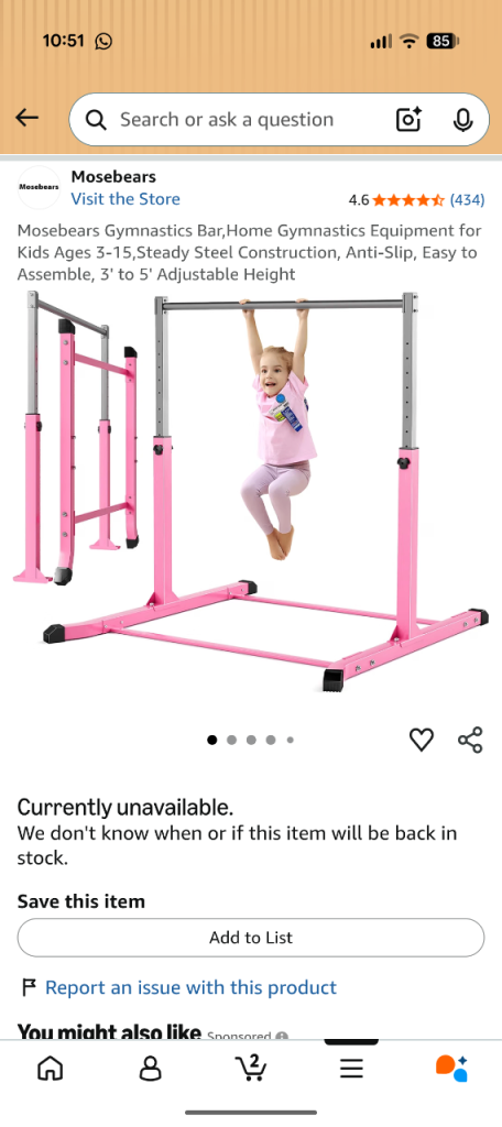 Mosebears Kids Gymnastics Bar - Pink, Adjustable Height