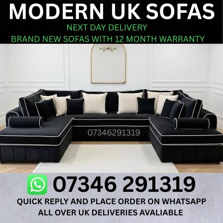 U-Shaped Corner Sofa - Black with White Piping, BRAND NEW