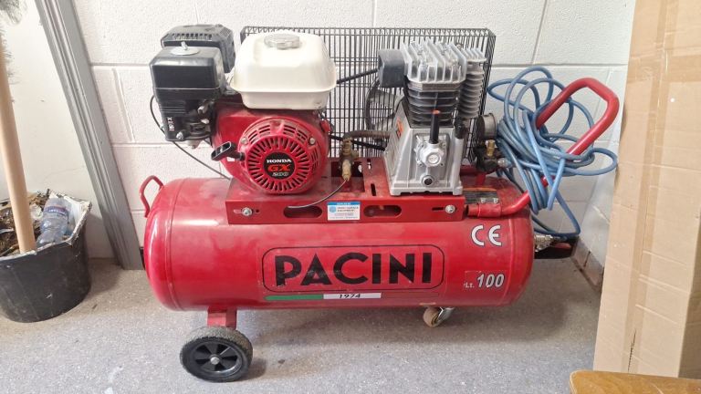 Honda GX220 100 litre Pacini petrol air compressor 18cfm - 50 hour run time 