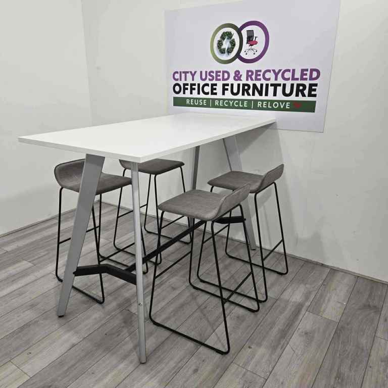 SET – Poseur Table with 4 Barstools – White/Grey Table, Grey/Black Barstools, W1600mm