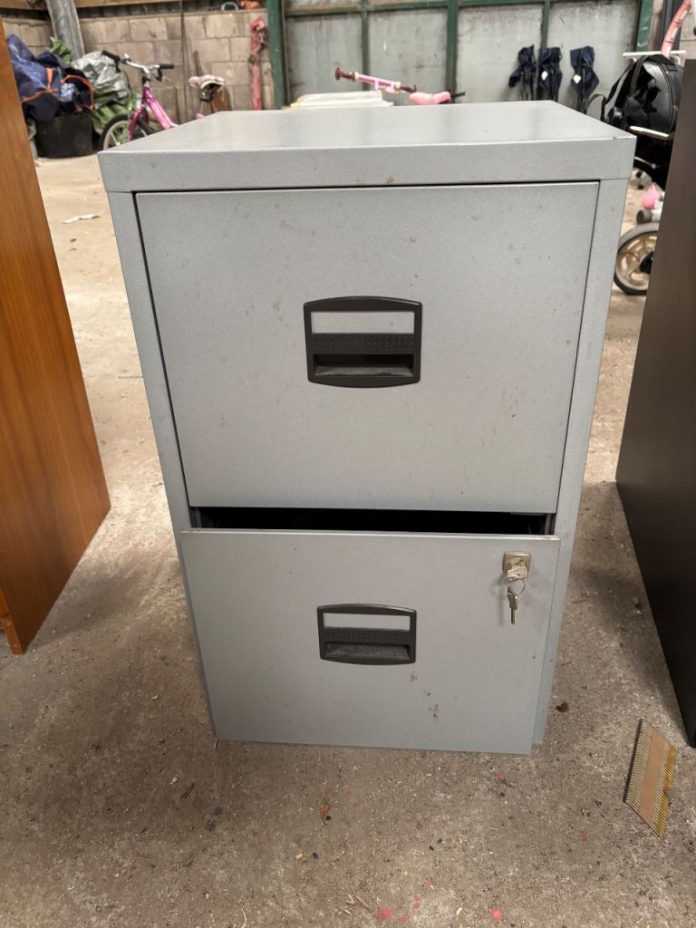 Metal 2-Drawer Filing Cabinet – Grey, Fair Condition
