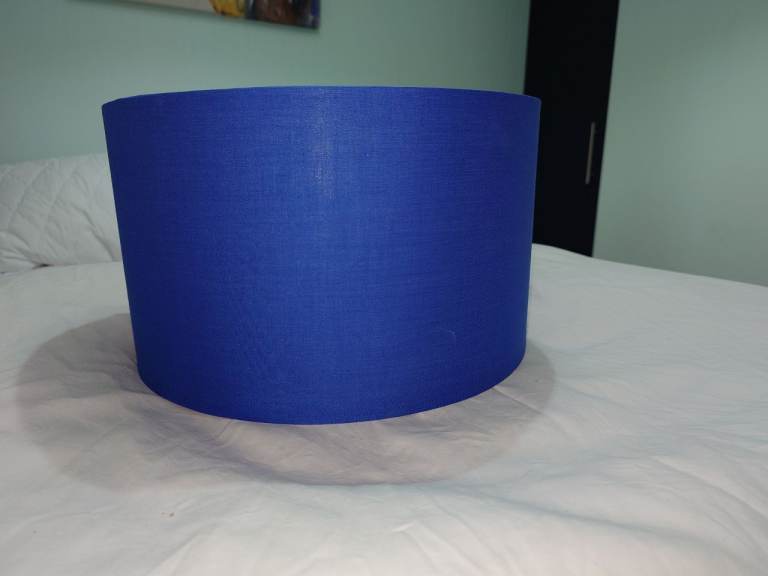 Large blue fabric covered ceiling drum lampshade with removable base insert