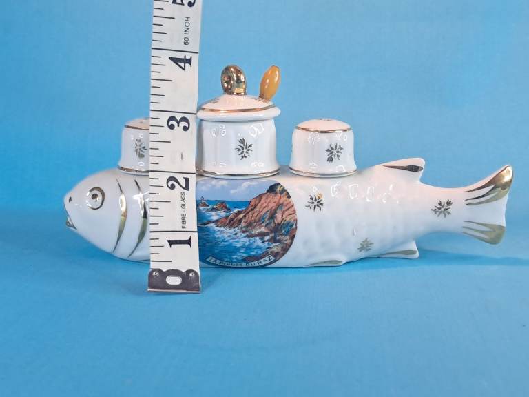 Vintage Porcelaine de France fish-shaped cruet or condiment set.  (1960s).