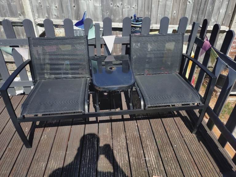 Garden Bench with Table - Black Metal, Fair Condition