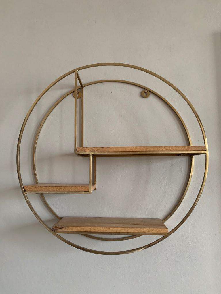 Gold Metal & Wood Round Wall Shelf – Good Condition