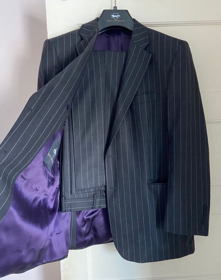 Unworn Paul Costelloe dark charcoal-grey pinstripe wool trouser suit chest size 42 inch