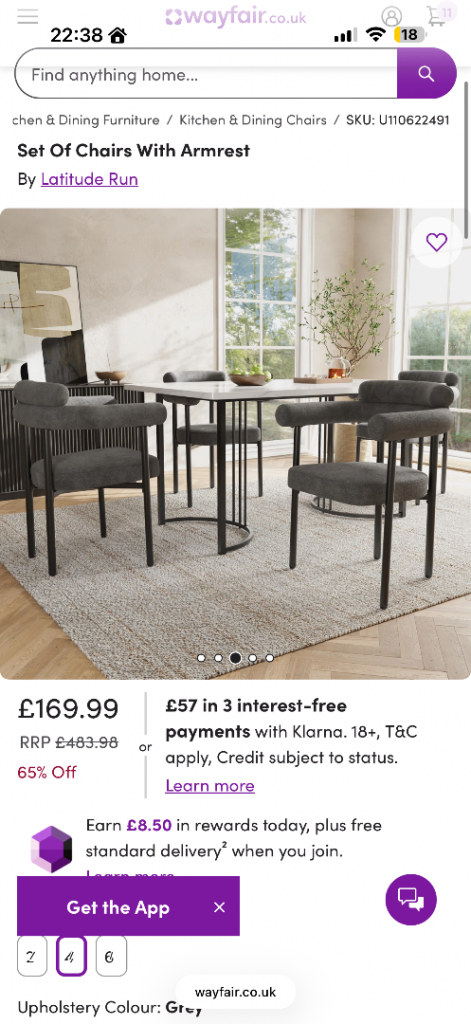 4x NEW Grey Dining Chairs with Armrest