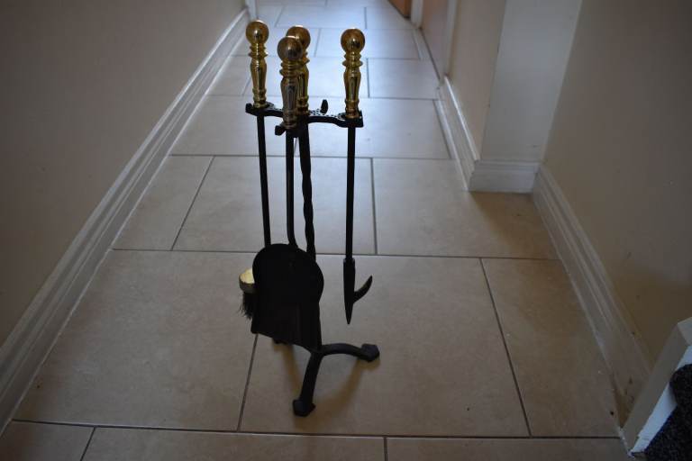 Vintage Fireplace 4 piece Tool Set Heavy MCM Brass and Cast Iron