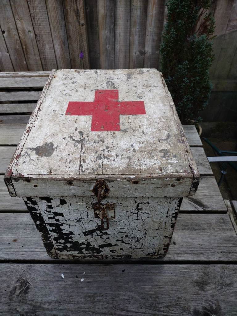 Vintage Wooden First Aid Box with Red Cross