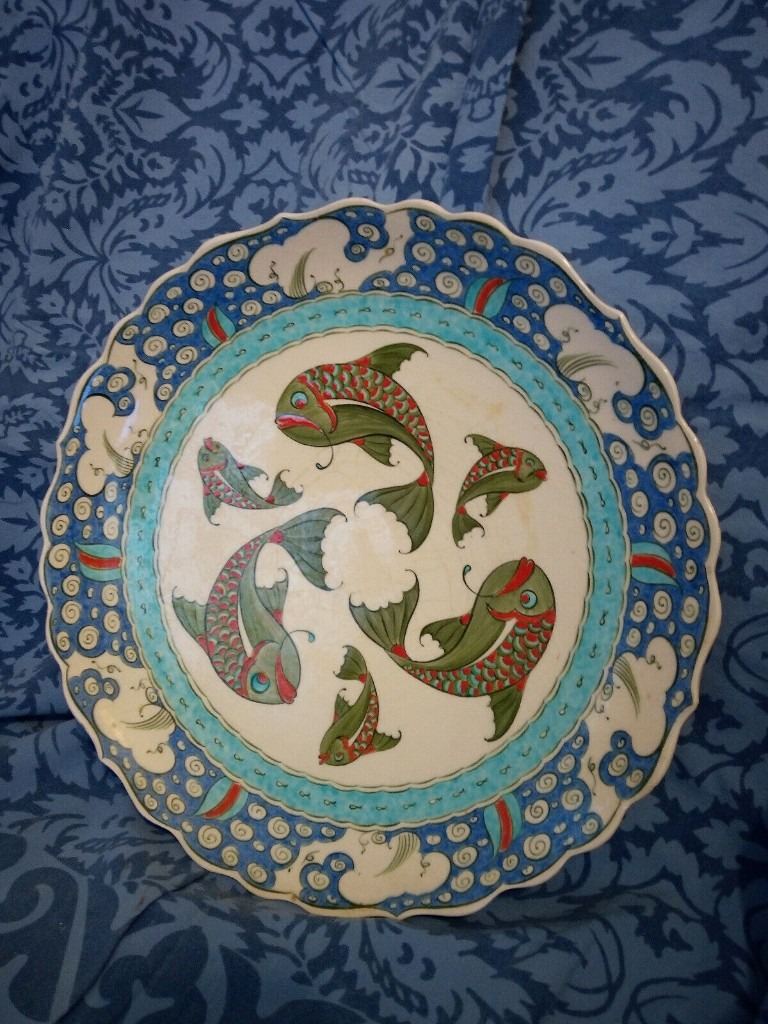 Vintage Large Hand Painted Sirga Turkish Pottery Charger 15th Century Fish Design