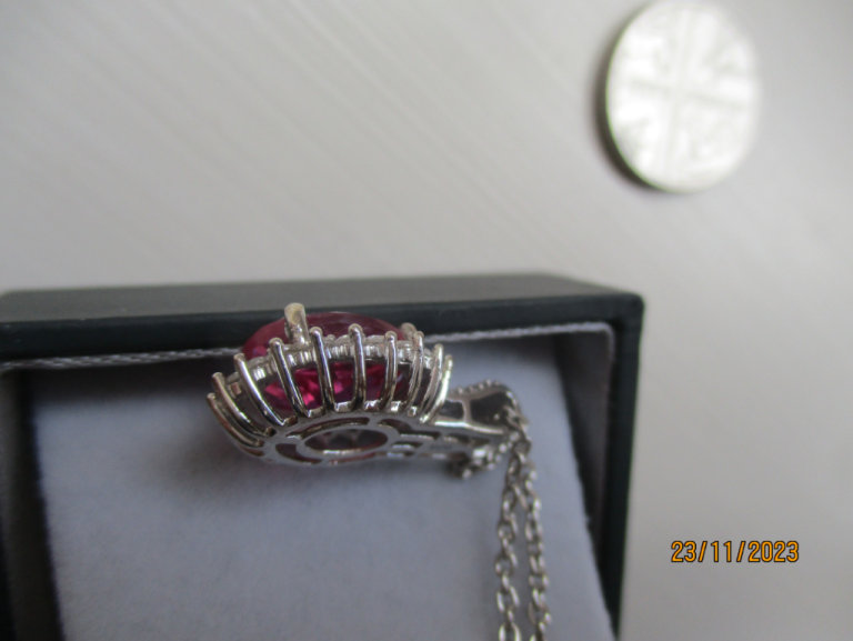 Lab created pink sapphire and natural Zircon Halo pendant and 20 inch chain