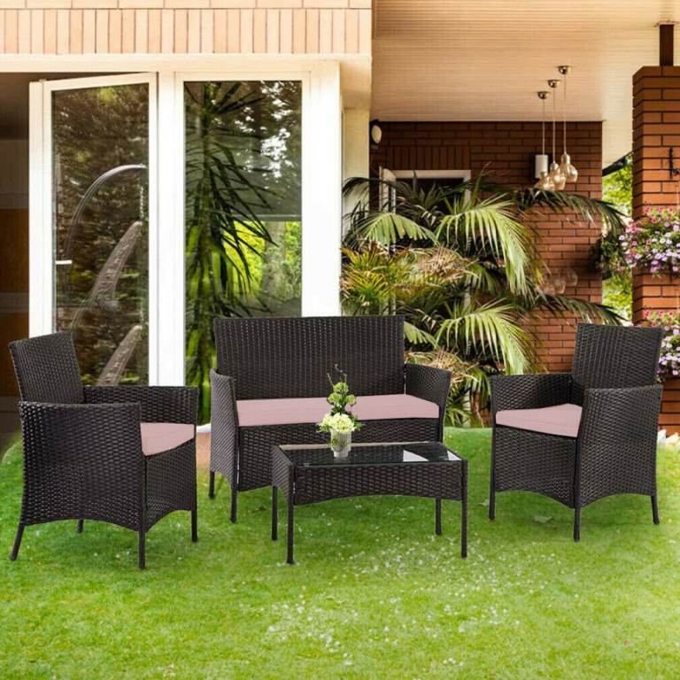 4 Piece Dark Brown Garden Rattan Patio Furniture Sofa Chair Table Set Outdoor Lounger Conservatory