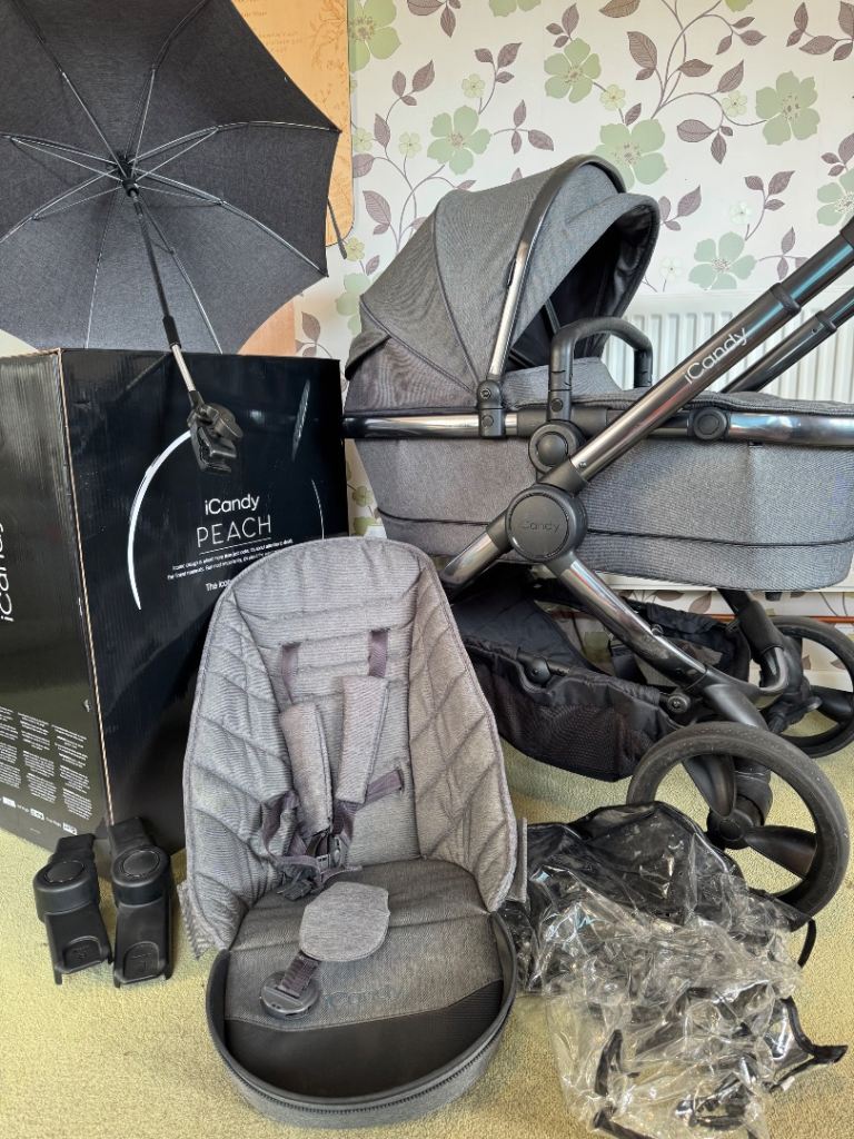 iCandy Peach Pushchair with Carrycot and Rain cover, Grey, Excellent Condition