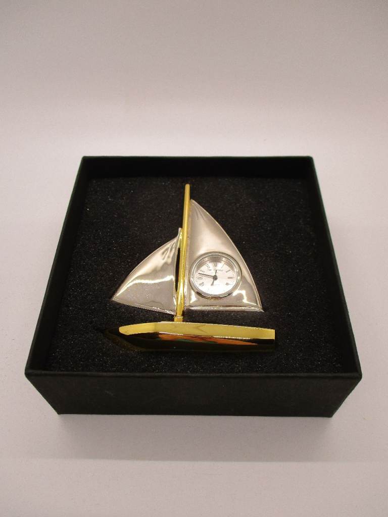 Vintage Wm Widdop Solid Brass Miniature Quartz Clock - Sailing Yacht
