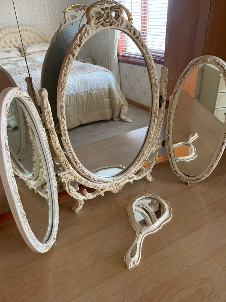 Vintage cream dressing table mirror and matching hand mirror