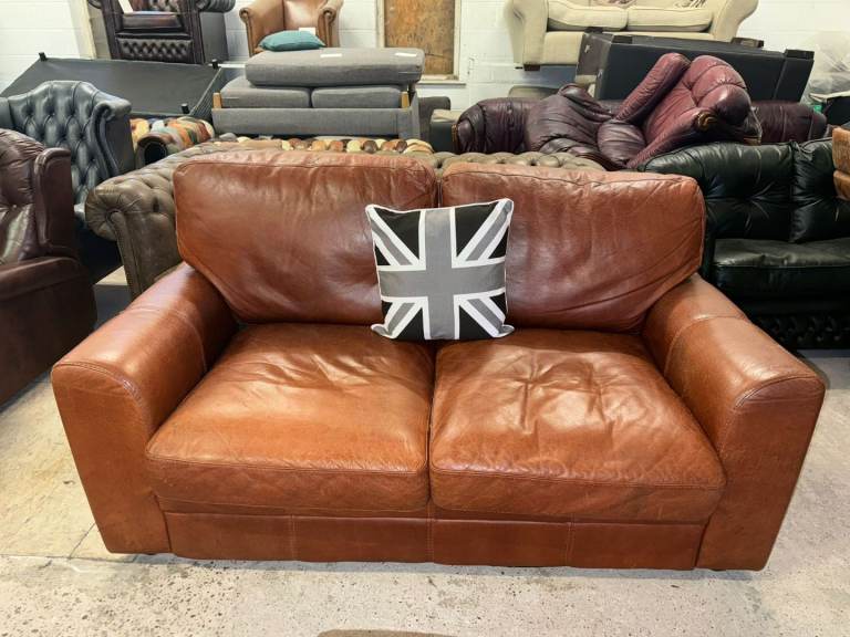 Halo chestnut brown leather sofa settee Deliv Poss