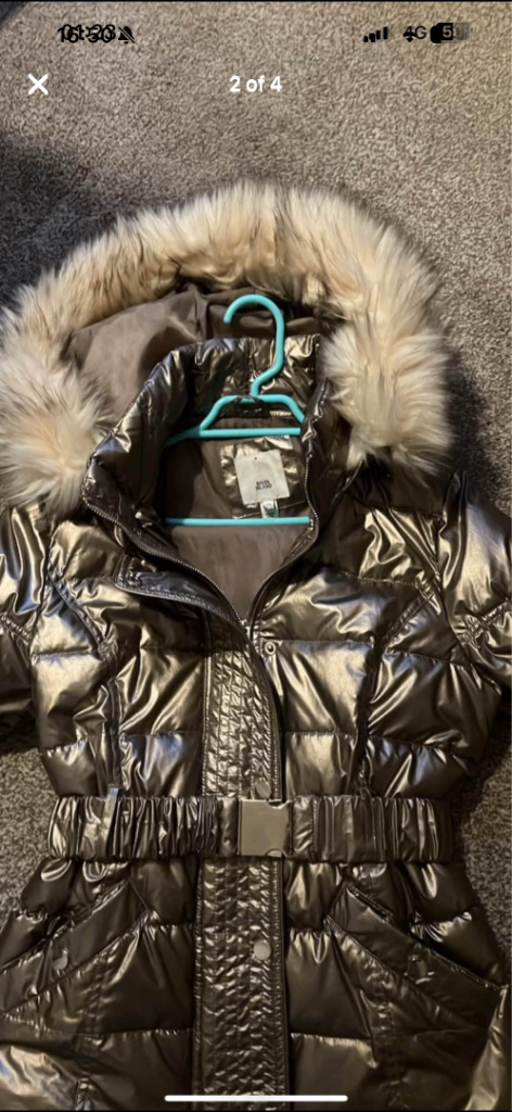 River Island Gold/Bronze Puffer Coat with Faux Fur Hood – Size 12