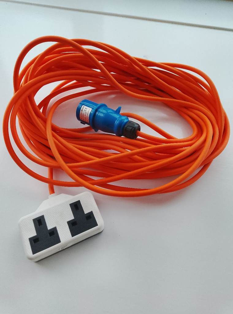 20 metre - Orange Extension Lead with 2-Gang Socket and Blue Plug