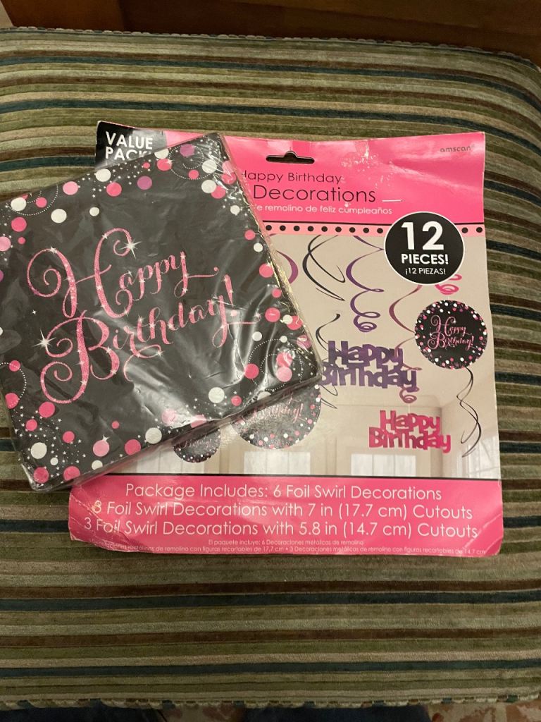 Gone pending collection….Birthday decorations and napkins